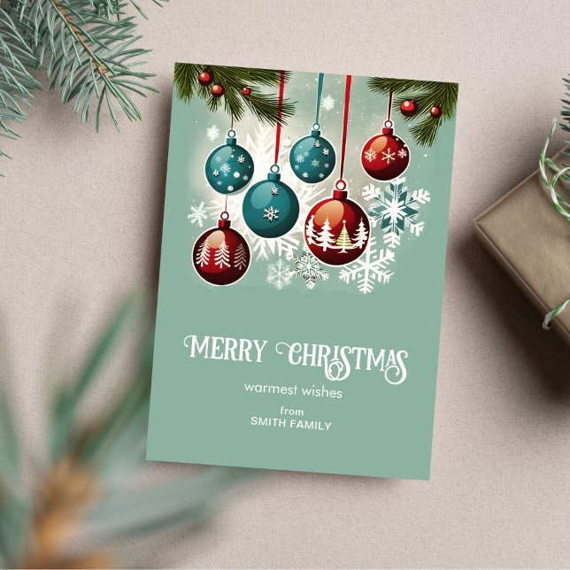 Frohe Weihnachten Mitte des Jahrhunderts Retrogrün (Merry Christmas midcentury retro sage teal green Holiday Card baubles pines snowflakes muted colors)