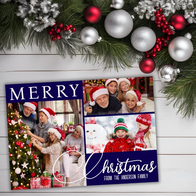 Frohe Weihnachten Moderne Blau und Weiß drei Foto (Merry Christmas Modern Blue And White Three Photo Holiday Card)