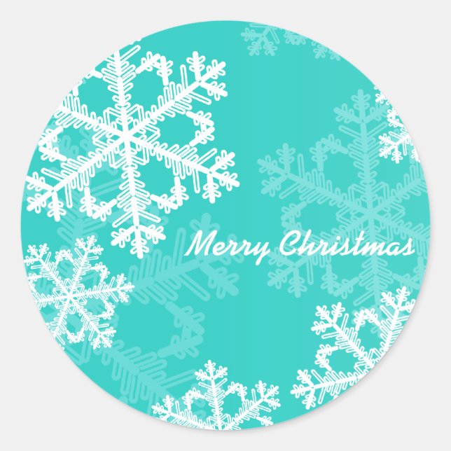 Frohe Weihnachten Moderne Cyan Snowflakes Muster Runder Aufkleber (Vorderseite)