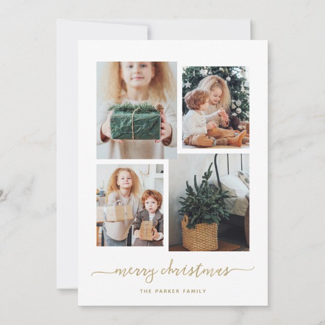 Frohe Weihnachten | Moderne Gold Four Foto Collage (Vorderseite)