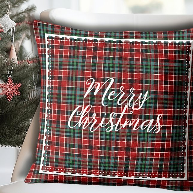 Frohe Weihnachten Moderne Karierte Schrift Kissen (Merry Christmas Modern Plaid Script Throw Pillow.)