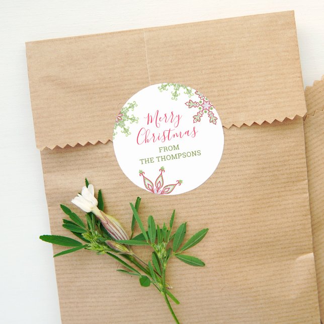 Frohe Weihnachten Moderne Niedliche Schneeflocken Runder Aufkleber (Merry Christmas colorful red and green whimsical snowflake gift sticker. )