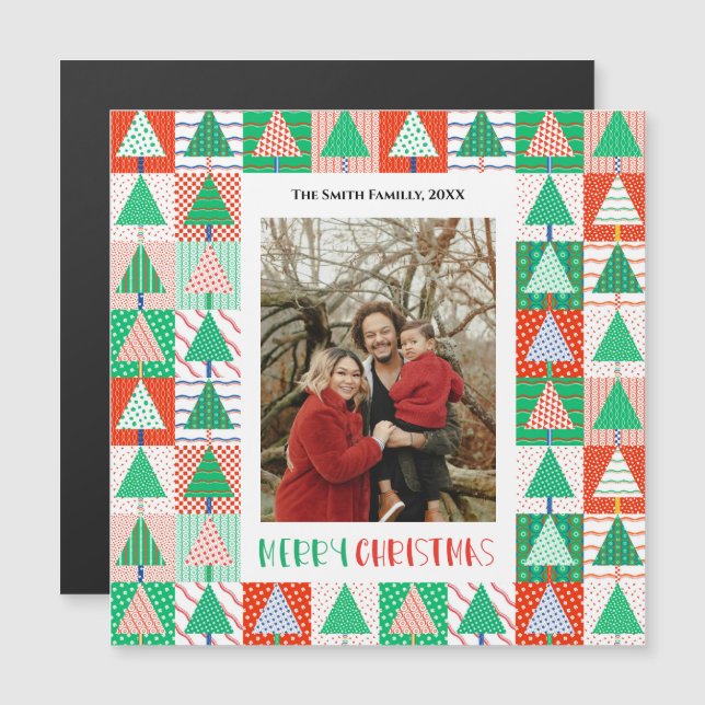 Frohe Weihnachten Moderne Patchwork-Weihnachtsbäum Magnetkarte (Vorne/Hinten)