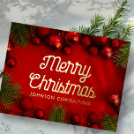 Frohe Weihnachten Moderne Rote Ornamente und Kiefe Folien Feiertagspostkarte<br><div class="desc">Ihr Firmenlogo kann hinten hinzugefügt werden. Ändern Sie die Urlaubsnachricht,  den Firmennamen oder den Firmennamen. Abrufbar unter: http://www.zazzle.com/selectpartysupplies</div>