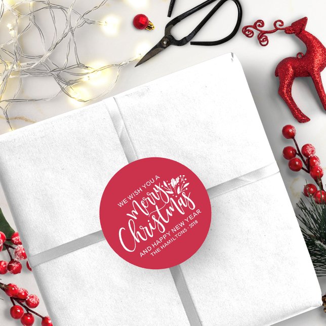 Frohe Weihnachten Moderne, rote, weiße Schrift Runder Aufkleber (Von Creator hochgeladen)