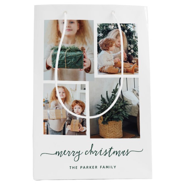 Frohe Weihnachten | Moderne vier FotoCollage Mittlere Geschenktüte (Vorderseite)