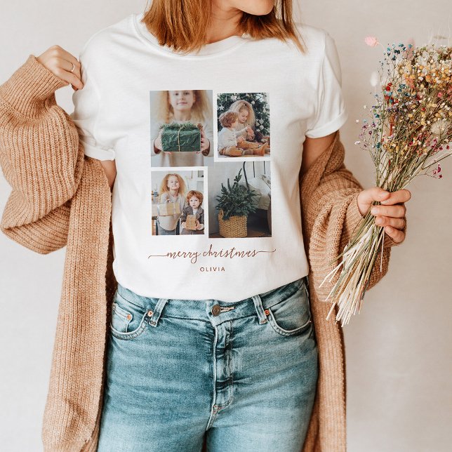 Frohe Weihnachten | Moderne vier FotoCollage T-Shirt (This holiday shirt features a trendy and modern four photo collage with terracotta script)