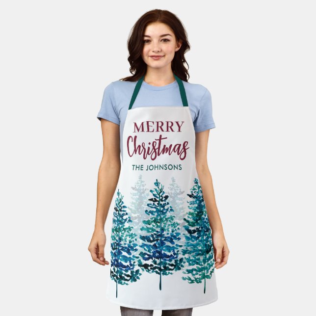 Frohe Weihnachten Moderne Waldbäume Frauen Schürze (Getragen)