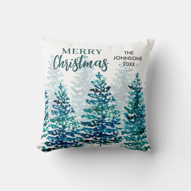 Frohe Weihnachten Moderne Wasserfarbenwald Bäume Kissen (Vorderseite)