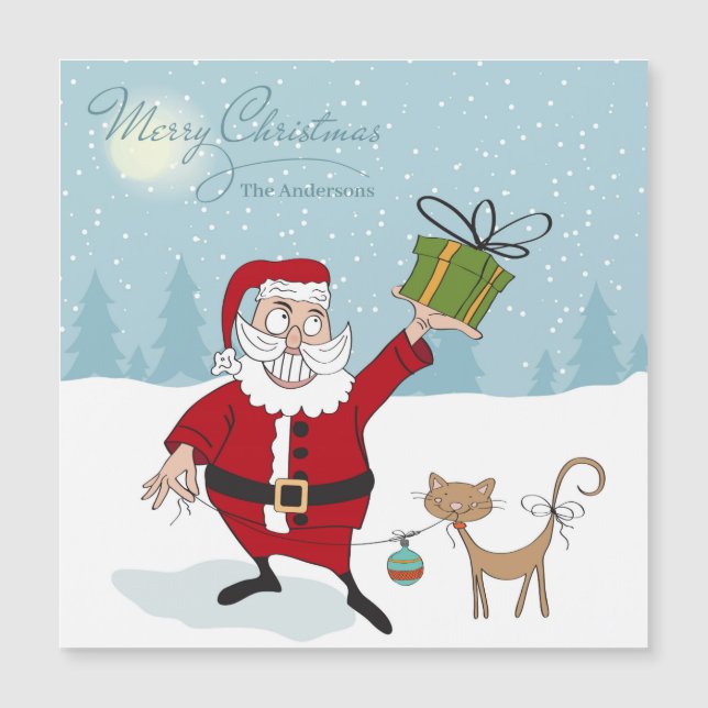 Frohe Weihnachten Moderne Whimsical Santa Cat Name Magnetkarte (Vorderseite)