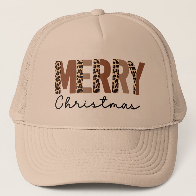 "Frohe Weihnachten" Moderner Farbblock Leopard Boh Truckerkappe (Vorderseite)