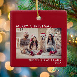 Frohe Weihnachten Moderner Roter Feiertag Keramikornament<br><div class="desc">Modernes Holiday Foto Frohe Weihnachten,  Features einfache minimale Schriftart Frohe Weihnachten. Personalisieren Sie mit Ihrem Familiennamen und Jahr.</div>