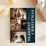 Frohe Weihnachten Modernes Blue Script Foto<br><div class="desc">Frohe Weihnachten Moderne Blue Script Foto Holiday Card. Senden Sie Ihren personalisierten und individuell gestaltbaren Urlaub an Freunde,  Kollegen und Familie in schlichten,  eleganten und modernen Foto Design festliche,  natürliche minimalistische Stilkarten! Unter der Kalligrafie finden Sie Ihre persönliche Grußbotschaft in der modernen Typografie.</div>