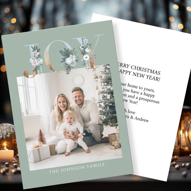 Frohe Weihnachten! Modernes, einfaches Foto Feiertagskarte (Customer specific "Joy-Merry Christmas" soft-green-gold, photo holiday card. )