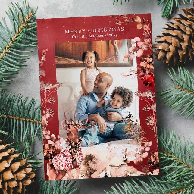 Frohe Weihnachten Modernes Foto mit Blumen und Ren (Von Creator hochgeladen)