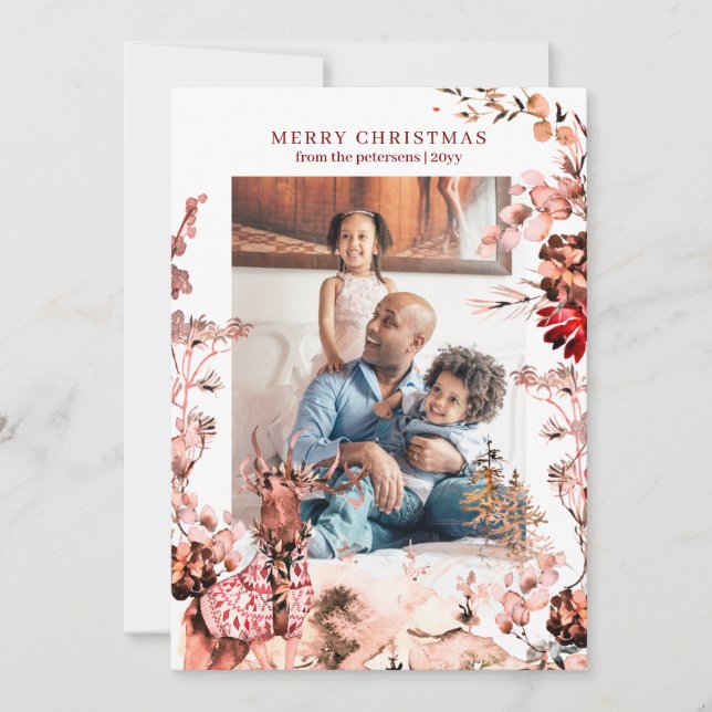 Frohe Weihnachten Modernes Foto mit Blumen und Ren (Vorderseite)