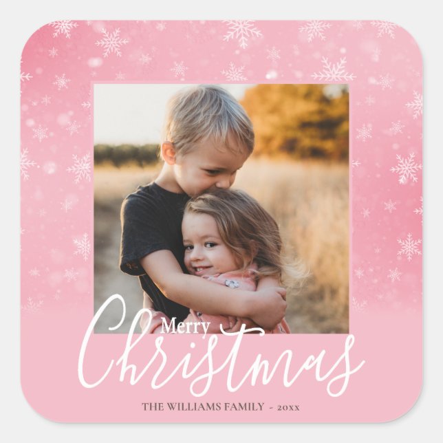 Frohe Weihnachten Modernes Foto Snowy Winter Pink Quadratischer Aufkleber (Vorderseite)