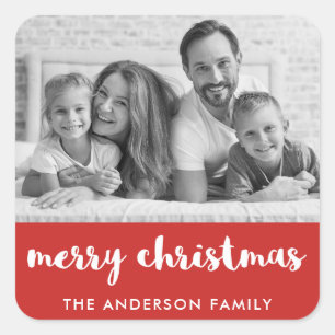 Frohe Weihnachten   Modernes Rot und Weiß und Foto Quadratischer Aufkleber