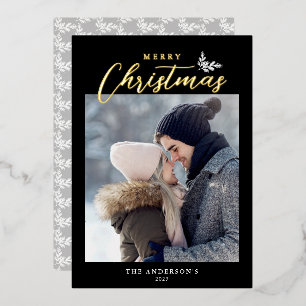 Frohe Weihnachten Modernes Script Foto Black Gold Folien Feiertagskarte