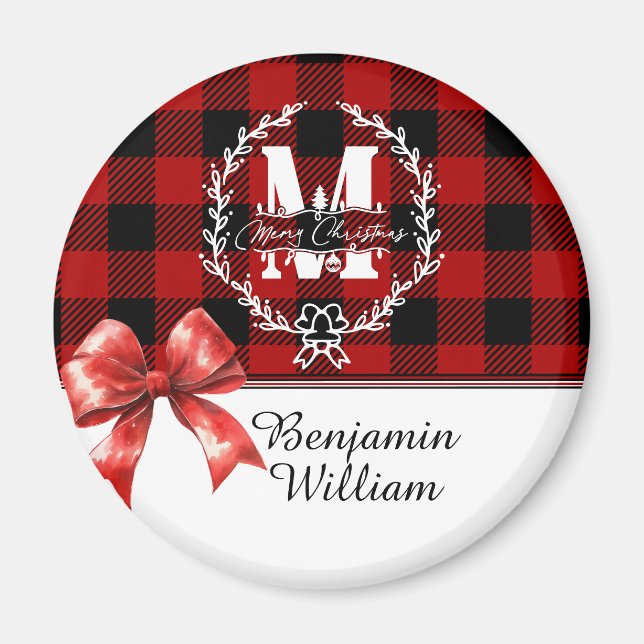 Frohe Weihnachten Monogramm Kranz Buffalo Plaid Magnet (Vorne)