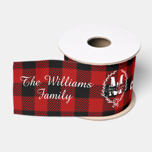 Frohe Weihnachten Monogramm Kranz Buffalo Plaid Ripsband