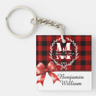 Frohe Weihnachten Monogramm Kranz Buffalo Plaid Schlüsselanhänger