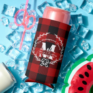 Frohe Weihnachten Monogramm Kranz Buffalo Plaid Selters Dosenkühler