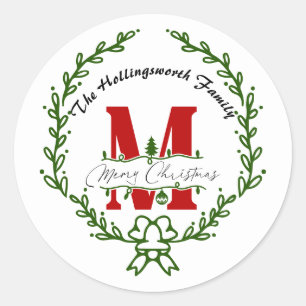Frohe Weihnachten Monogramm Kranz Runder Aufkleber