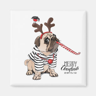 Frohe Weihnachten Mops Reindeer Magnet