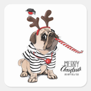 Frohe Weihnachten Mops Reindeer Quadratischer Aufkleber