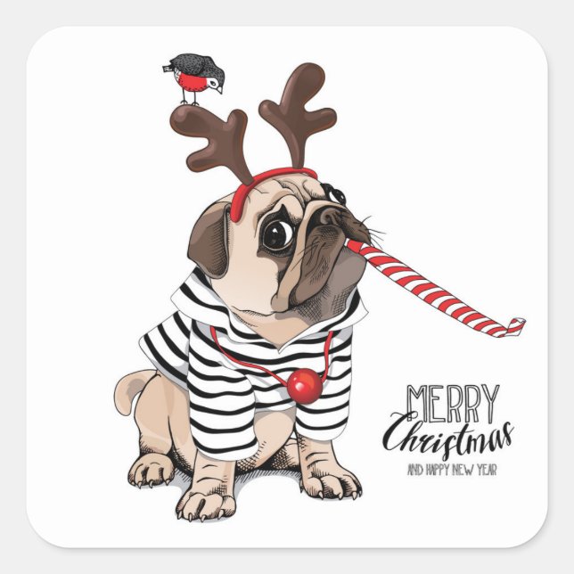 Frohe Weihnachten | Mops Reindeer Quadratischer Aufkleber (Vorderseite)