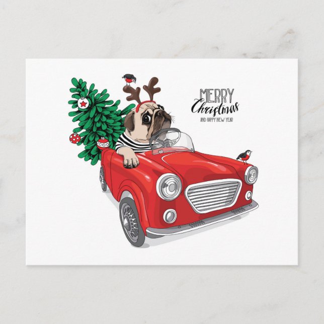 Frohe Weihnachten | Mops Vintage Car Postkarte (Vorderseite)