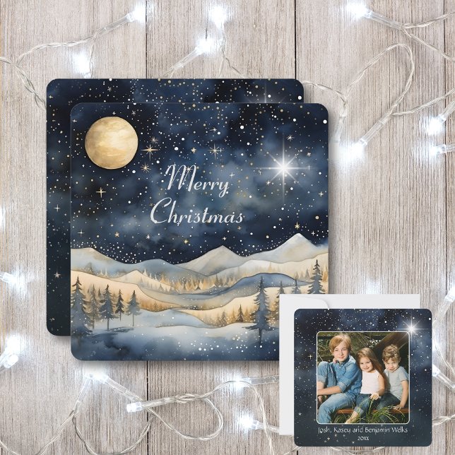 Frohe Weihnachten Mountain Sky Star Familienname Karte (Von Creator hochgeladen)
