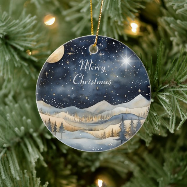 Frohe Weihnachten Mountain Sky Star Familienname Keramik Ornament (Baum)