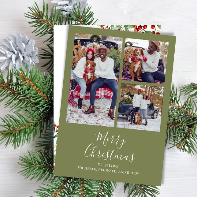 Frohe Weihnachten Multi Foto Botanical Red Holly (Celebrate the Holidays in style with watercolor greenery and bold solid dark green. )