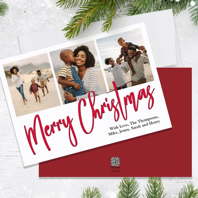Frohe Weihnachten Multi Foto Red Calligraphy Scrip (Merry Christmas holiday photo card with a calligraphy script and berry red design. )