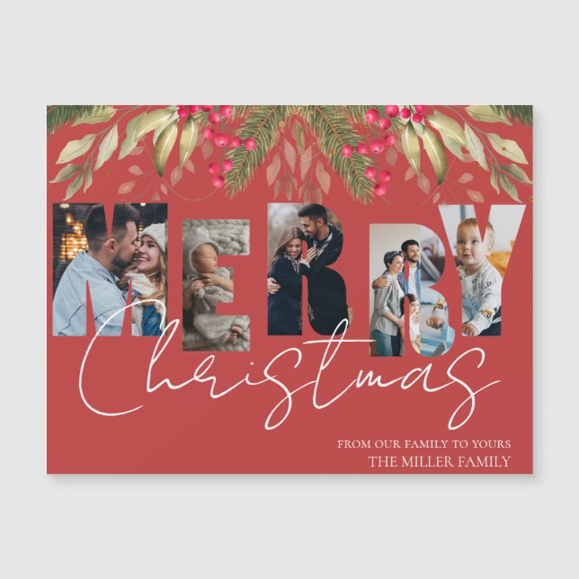 Frohe Weihnachten Multi Foto Red Holiday Card Magnetkarte (Vorderseite)