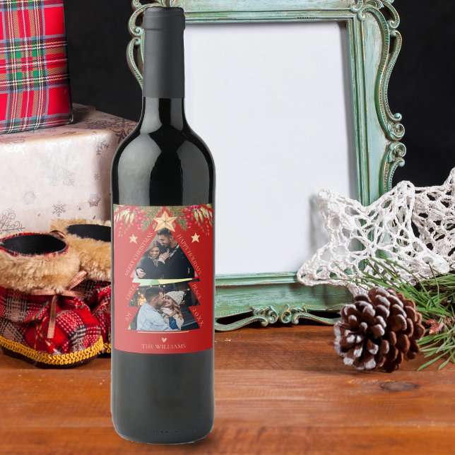 Frohe Weihnachten Multi Foto Tree Red Holiday Weinetikett (Merry Christmas Multi Photo Tree Red Holiday Wine Label)