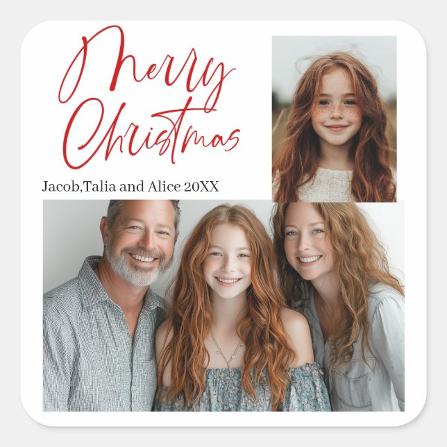 Frohe Weihnachten Multi zwei Foto Design Red Quadratischer Aufkleber (Vorderseite)