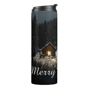 Frohe Weihnachten Mystische Hütte Tiefer Wald Thermosbecher