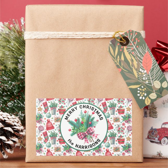 Frohe Weihnachten & Name auf 4 Urlaubsmuster Rechteckiger Aufkleber (Feiertag)