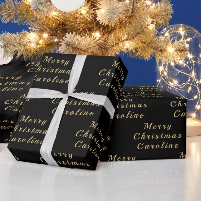 Frohe Weihnachten Name Black Gold Simple Modern Geschenkpapier (Feiertage)