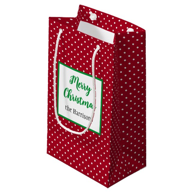 Frohe Weihnachten, Name, Rote & Weiße Schweizer Pu Kleine Geschenktüte (Vorderseite Schrägansicht)