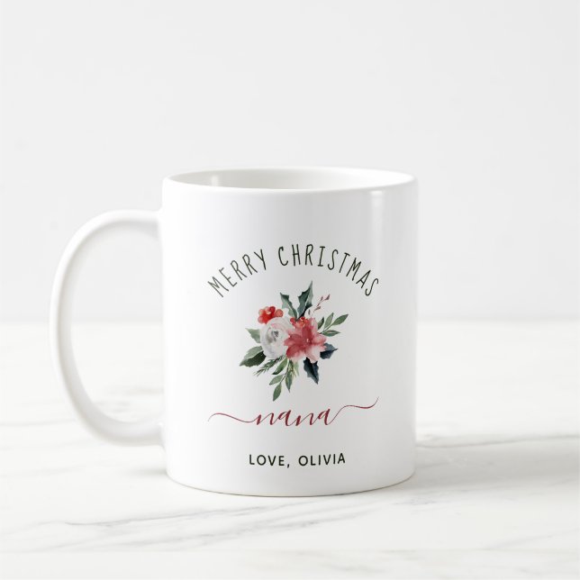 Frohe Weihnachten Nana | Hübsche Aquarellblume Kaffeetasse (Links)