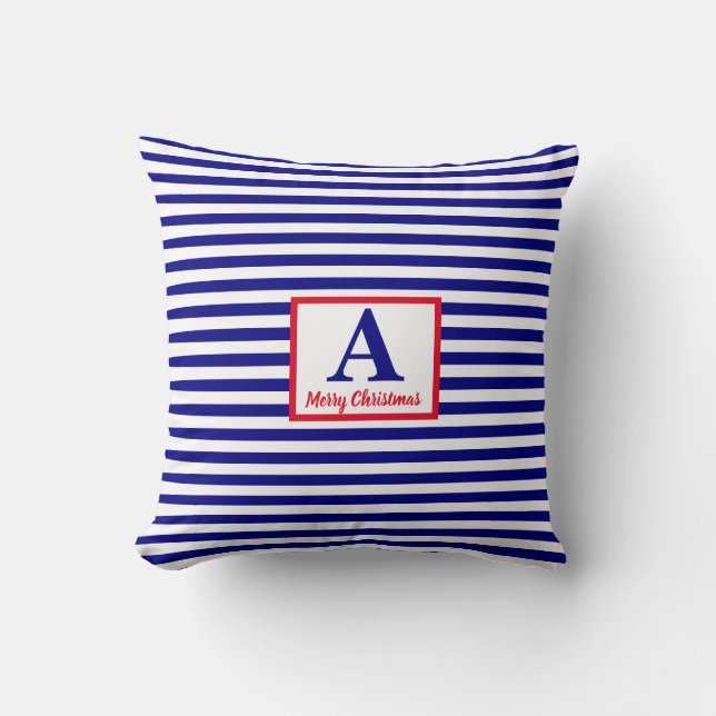 Frohe Weihnachten Nautical Monogram Red Blue White Kissen (Vorderseite)