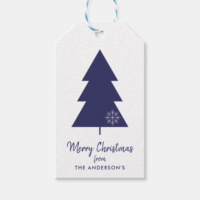 Frohe Weihnachten Navy Blauer Weihnachtsbaum Geschenkanhänger (Vorderseite)