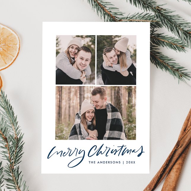 Frohe Weihnachten Navy Blue Script 3 Foto Collage (Von Creator hochgeladen)