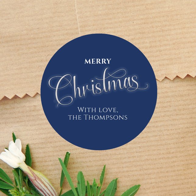 Frohe Weihnachten Navy Blue Script Custom Runder Aufkleber (Merry Christmas navy blue gift sticker. )