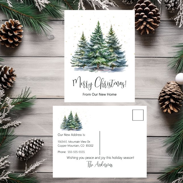 Frohe Weihnachten Neue Zuhause Pine Trees Ankündigungspostkarte (Von Creator hochgeladen)