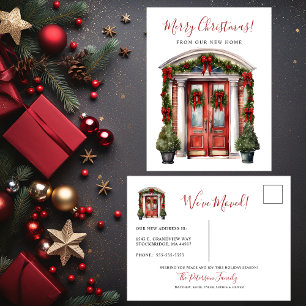 Frohe Weihnachten Neue Zuhause-Vordertür bewegen Ankündigungspostkarte